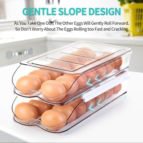 RoskDeewat 2-Tier Egg Holder for Fridge, Automatic Rolling