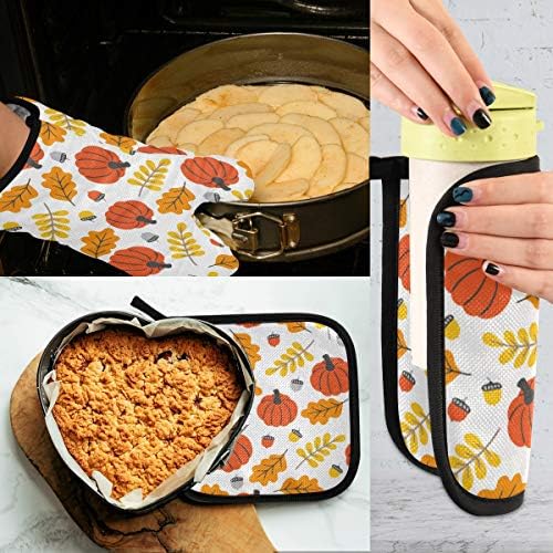 QMXO Halloween Leavs Pumpkins Oven Mitts Quilted Cotton Lining