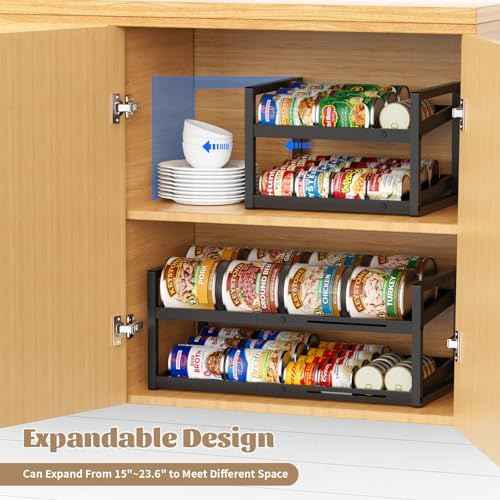 2-Tier Can Organizer for Pantry, Expandable Length Can Rack for Kitchen Shelf Organizer and Storage, Sturdy Metal Standing Can Holder for Canned Soup Soda Food Goods Storage, Stackable