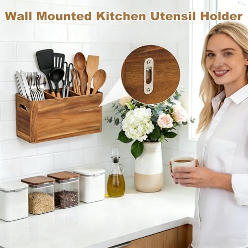 Utensil Holder, Kitchen Utensil Holder, Acacia Wooden Utensil Holder, Kitchen Utensil Holder for Countertop, Large Utensil Holder for Storage Cooking Tools and Silverware with 3 Compartments