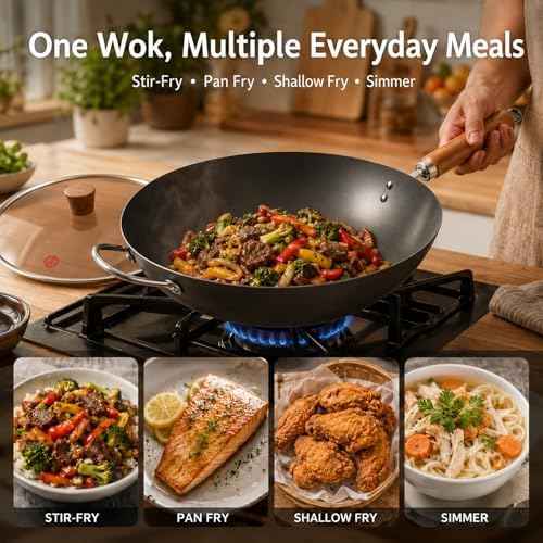 WANGYUANJI Carbon Steel Wok with Lid, 12.6 Inch Flat Bottom Chinese Wok