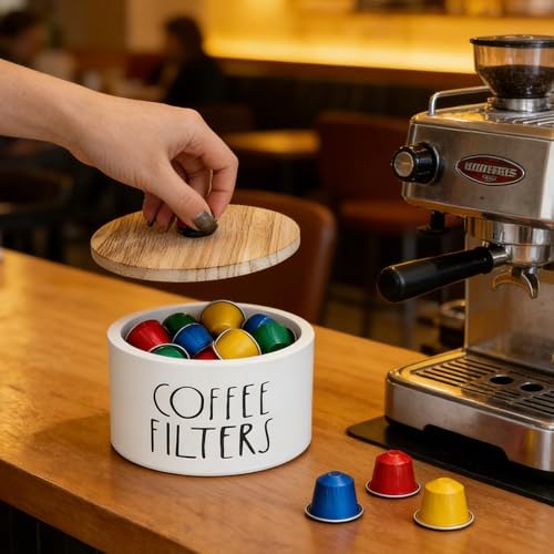 1 Pack White Coffee Filter Holder with Bamboo Lid Large Capacity