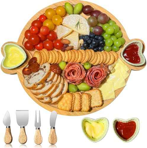Charcuterie Boards,Cute Bamboo Cheese Board,House Warming Gifts New Home,Wedding Bridal Shower Gift,Valentine Birthday Mother's Day for Women Mom,Round Meat Fruit Serving Tray Platter