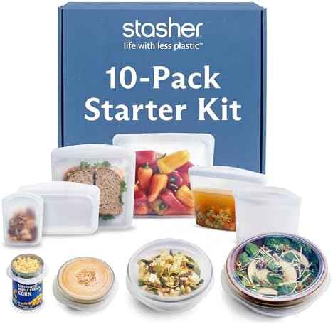 Stasher Reusable Silicone Bags and Stretch Lids, 10-Pack Starter Kit