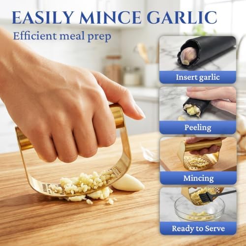 Smilecat Gold Stainless Steel Garlic Press Rocker Set