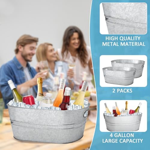 2 Pack 4 Gallon Galvanized Tub Ice Buckets for Parties Portable