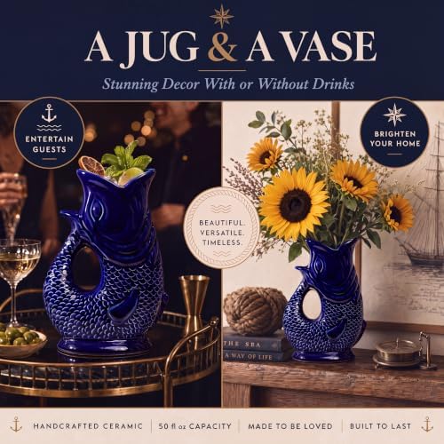 Fish Jug 50 fl oz Ceramic Pitcher, Dark Cobalt Blue