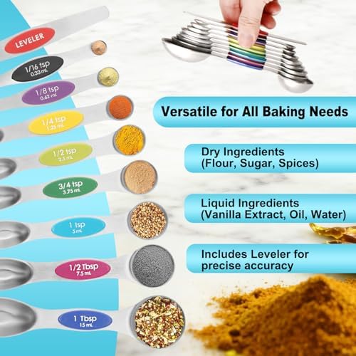 Magnetic Measuring Spoons Set of 9 with Leveler, Color-Coded Dual