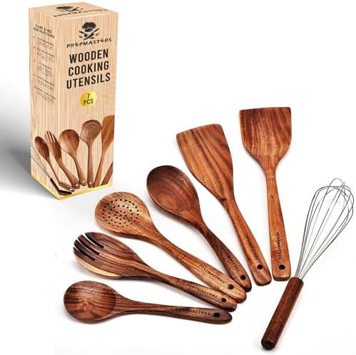 7 Pcs Natural Teak Wooden Spoons for Cooking, Kitchen Utensil Set