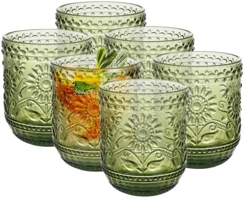 Topsky Vintage Drinking Glass Set of 6,12 oz Embossed Floral