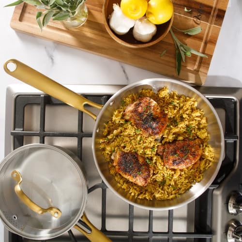 Oster Platinum Sunstreak Pots and Pans Set, 10-Piece Stainless Steel Cookware Set with Glass Strainer Lids and Gold Handles, Induction Cookware Set