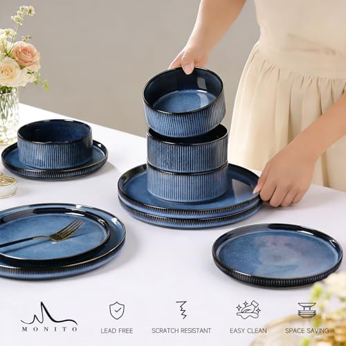 12PCS Ceramic Dinnerware Set for 4, Stoneware Plates and Bowls Sets