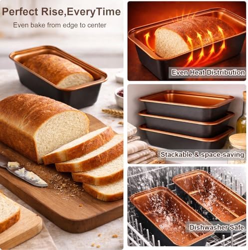 9x4 Inch Loaf Pan 3 Pack, Carbon Steel Nonstick Copper Bread Pan