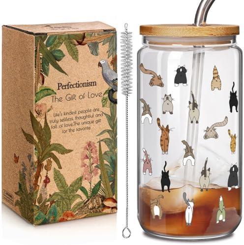 Cute Cat Themed Glass Cup Cat Mom Gifts for Women Crazy Cat's Lady