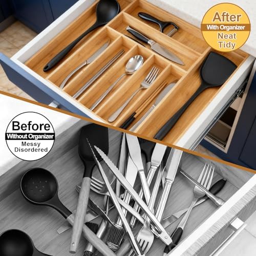 Bamboo Drawer Organizer - Expandable Silverware & Utensil Drawer