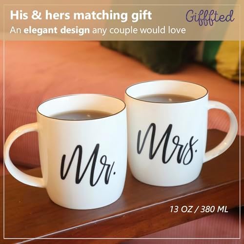 Triple Gifffted Mr and Mrs Coffee Mugs Couples Gift Set, 13oz Ceramic