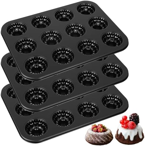 3 Pack Mini Fluted Tube Cake Pan, Non-Stick 12 Cavity Cake Baking Pan