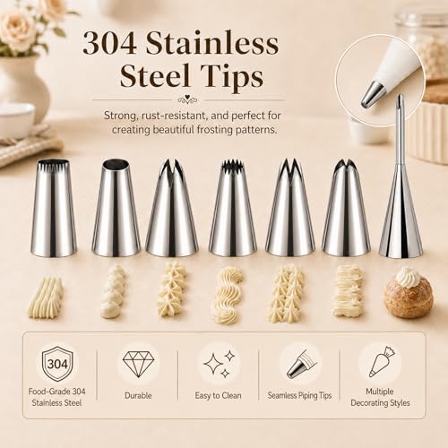 2 Reusable 16-Inch Cotton Piping Bags with Cut Lines, 7 Tips
