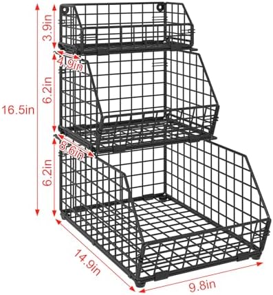 3-Tier Fruit Basket for Kitchen Counter, Stackable Wire Baskets Wall