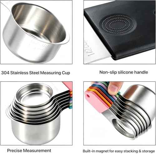 Stainless steel 304 measuring cup and spoon magnetic silicone handle, color, 15-piece set, measuring tools, 7 stainless steel measuring cups, 8 double-sided measuring spoons with scales