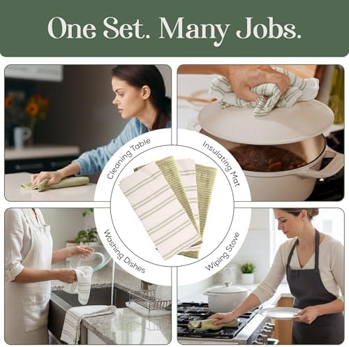 Kitchen Towels, Cotton Hand Towels, Sage Green and Cream Ribbed - Mini