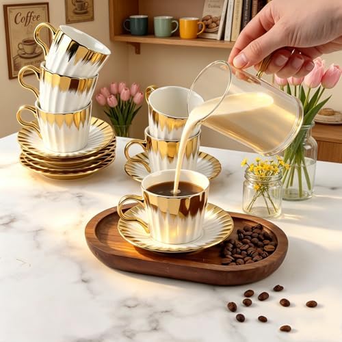 Coffee Cup Set of 6 with Saucers, 3.5 OZ Ceramic Espresso Cups, Deco