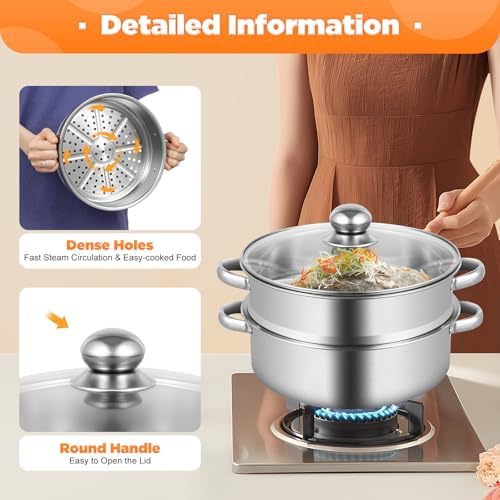 Steamer for Cooking, 5-Tier Stainless Steel Steamer Pot, Multipurpose Stackable Food Steam Pots Kitchen Steaming Cookware with Glass Lid for Induction, Gas, Electric Stoves, Composite Pot Base