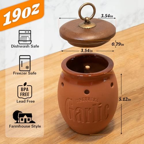 Garlic Keeper with Wooden Lid, 19 oz Clay Garlic Storage Container to