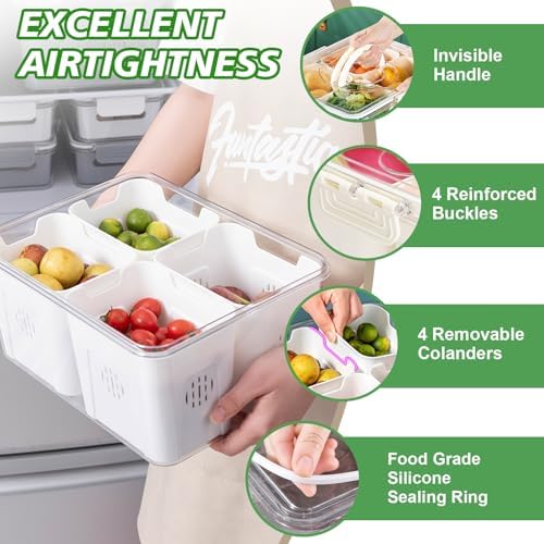 Fruit Storage Containers for Fridge with Lid and Handle, Veggie Tray