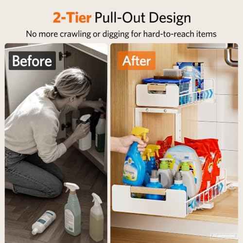 Delamu Under Sink Organizer Kitchen, 2-Tier Pull-Out Cabinet Shelf, 2-Pack