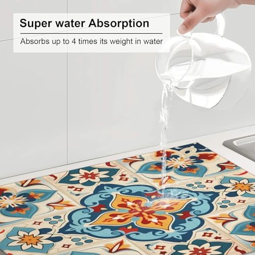 Microfiber Dish Drying Mat For Kitchen Countertop Mexican Damask