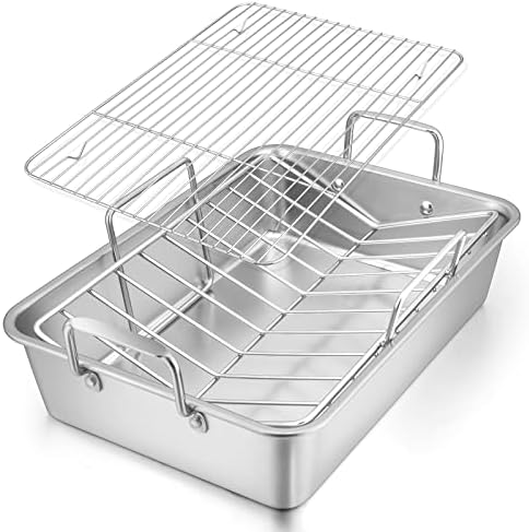 E-far Roasting Pan, 16 x 11.5 Inch Stainless Steel Turkey Roaster with