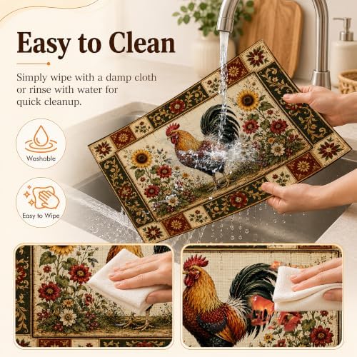 Linen Placemats Set of 6, Farmhouse Rooster Sunflower Floral
