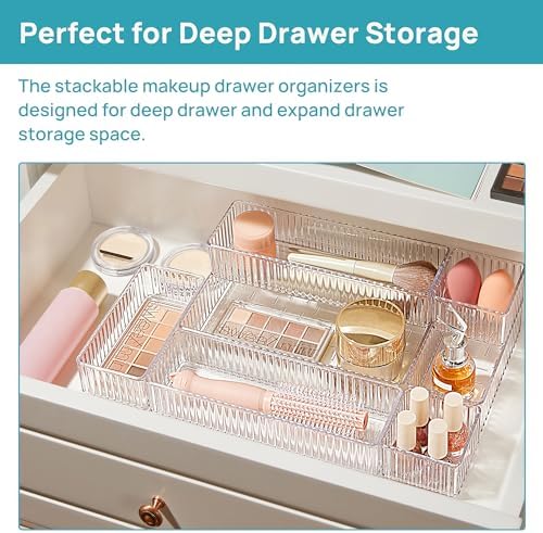 Vtopmart 7 PCS Clear Makeup Drawer Organizers Bins, 4-Size Stackable