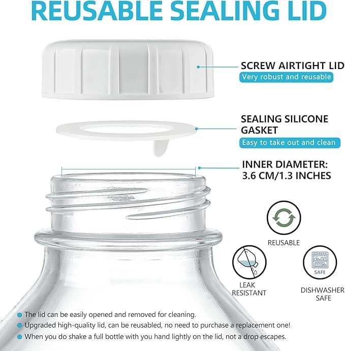 2 Pack 1/2 Gallon Glass Milk Bottles with Airtight Screw Lid & Handle