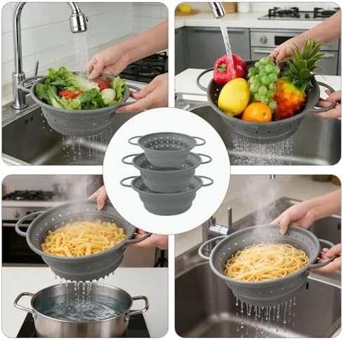CEYAZYE Collapsible Colander Set of 3, Silicone Space-Saving Foldable