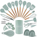 Country Kitchen Non Stick Silicone Utensil Set with Rounded Wood