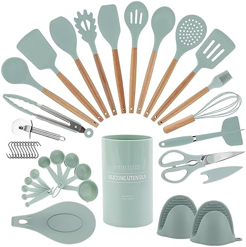 Country Kitchen Non Stick Silicone Utensil Set with Rounded Wood