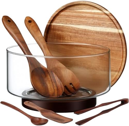 FoldTier Large Glass Salad Bowl Set, Party Salad Bowl with Acacia Wood