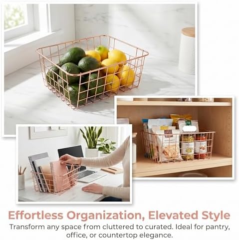 Jucoan 4 Pack Metal Wire Storage Baskets, Rose Gold Wire Baskets with