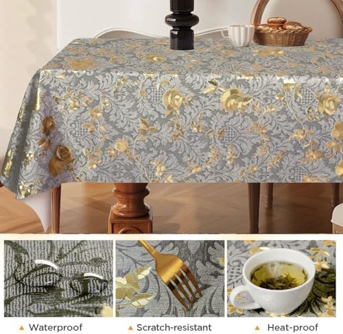 Rectangle PVC Table Cloth Elegant Gold Vine Flower Waterproof