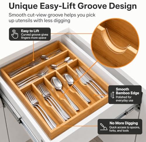 PINTUS 7-Slot Bamboo Cutlery Drawer Organizer, Medium Utensil Tray