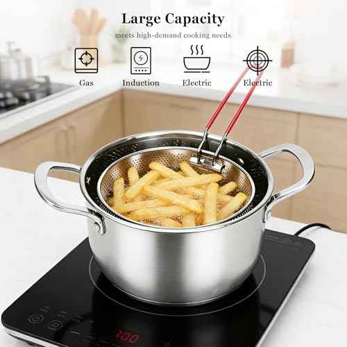 Deep Fryer Pot with Basket, Cooking Pot with Strainer Basket, 4.0L/4.2QT Multi-function Pot with Anti-scald Handle, Egg Steamer Rack & Lid, Stainless Steel Cookware for Home Kitchen Outdoor Camping