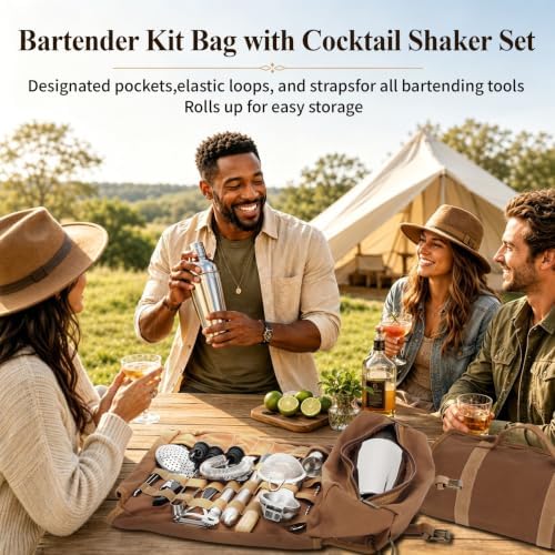 Portable Bartender Kit with Canvas Roll-Up Bag, Complete Cocktail