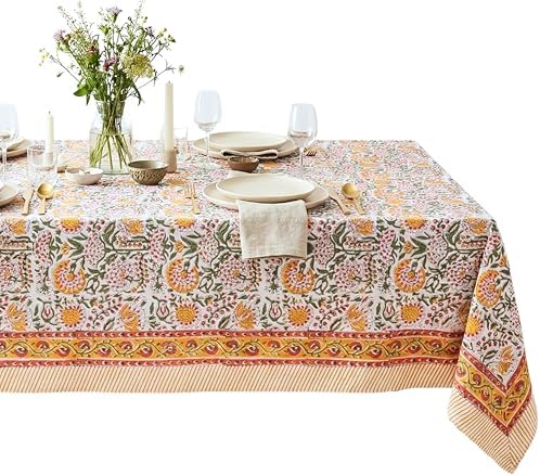 ATOSII Cotton Blockprint Rectangle Tablecloth, Clover Yellow, 90" X