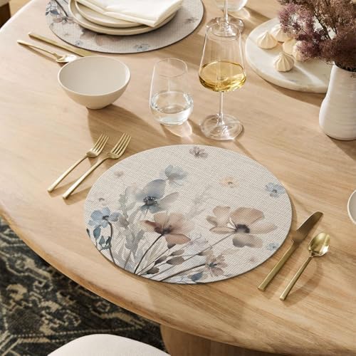 Artoid Mode Brown Poppy Floral Round Placemats Set of 4, 14 Inch