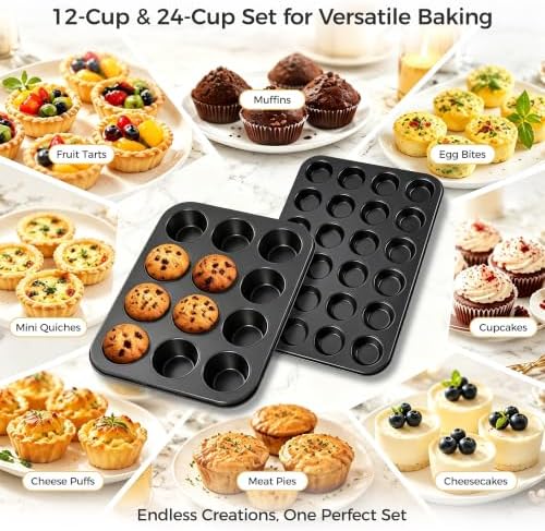 E-far Muffin Pan Set of 2, Regular 12-Cup & Mini 24-Cup Cupcake Pan