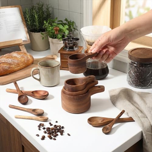 10-Piece Wooden Measuring Cups and Spoons Set, Handcrafted Acacia