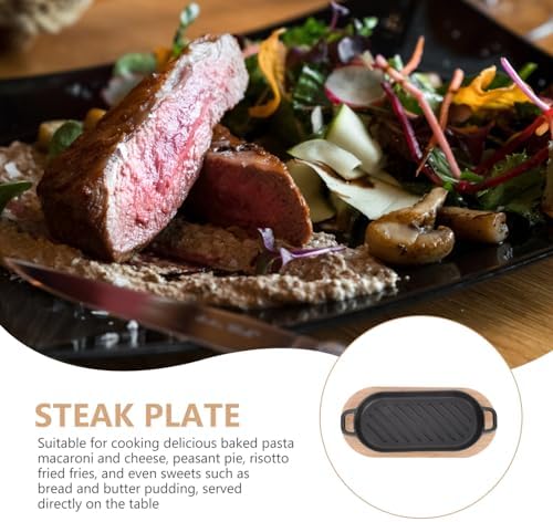 DOITOOL Cast Iron Plate for Grilling Steak Plate Teppanyaki for Steak Eel and Grilled Fish 10.62 X 4.92 X 0.78 in with Wooden Tray for Home Cooking Party Serving and Barbecue