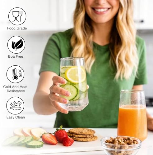 Greentainer Borosilicate Drinking Glasses Set of 6, 16 oz Clear Ribbed